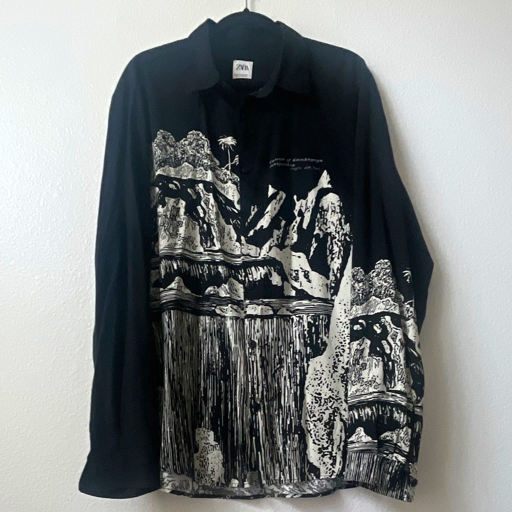 ZARA Black/White Graphic Print Regular Fit Long Sleeve Button-Up Shirt Men's XL